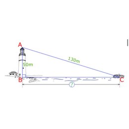 Desde la parte m&aacute;s alta de un faro de 50m se observa un bote a 130m. &iquest;Qu&eacute; distancia hay del pie del faro al bote? - Teorema de Pit&aacute;goras